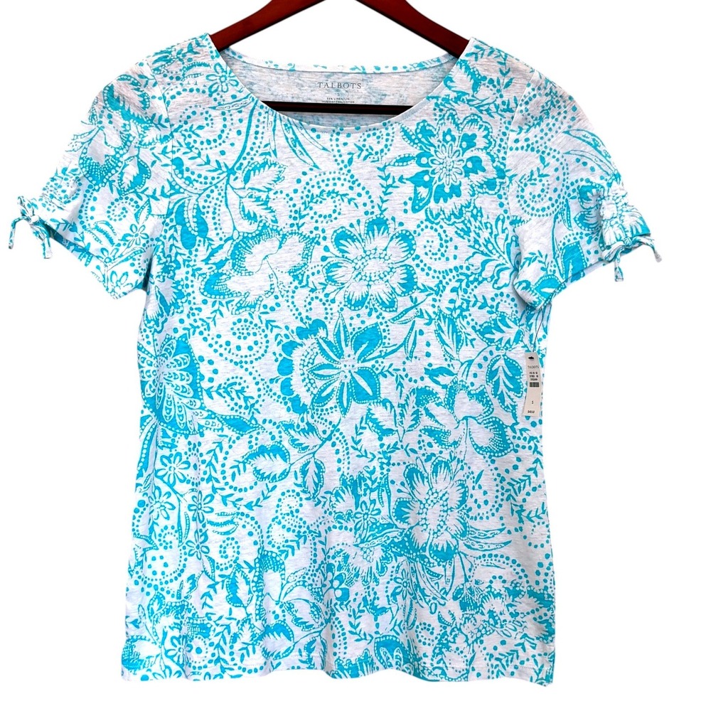 Talbots Linen Blend Aqua Floral Top Sz S Ruch Sleeves Coastal Casual Resort NEW